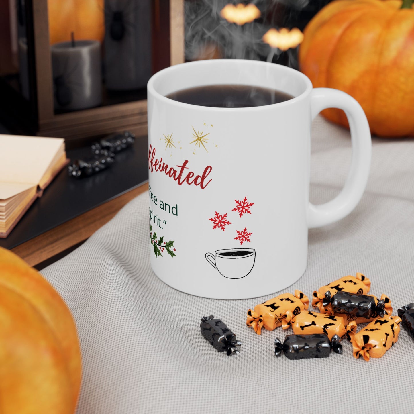 Merry & Caffeinated Christmas Mug – "Fueled by coffee and Christmas spirit" (11oz/15oz)